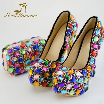

2018 Mix Color Rhinestone Wedding Bridal Shoes with Clutch Women Party Prom High Heel Shoes with Matching Bag Plus Size 45
