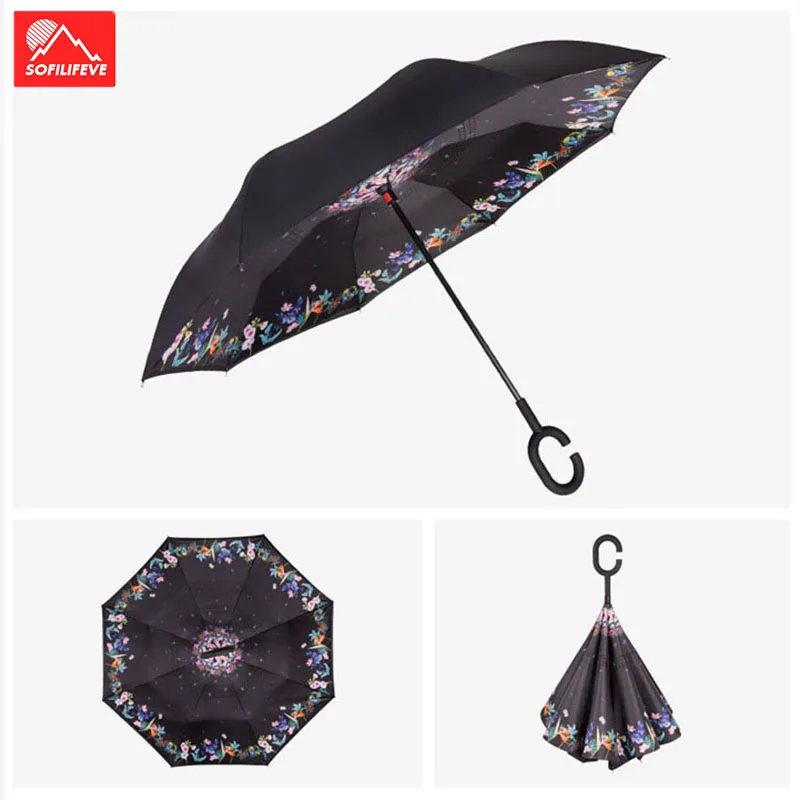 

C-type Handle Free Reverse Umbrella Windproof Sunny Shade Flower Feather Patterns Shaped Bumbersoll