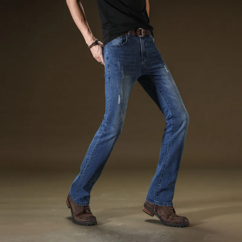 2019 джинсы, классический ботинок, с расклешённым низом, облегающие, рваные, уличные, синие, мужские, Осенние
