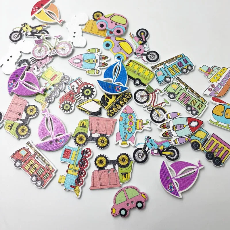 

100PCs Random Mixed Decorative Lovely Conveyance 2 Holes Sewing Wood Buttons Flatblck Scrapbooking WB596