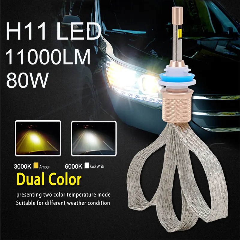 

2PCS Automobiles H11 Led Bulbs Dual Color 6000k Headlight 3000k Fog Light 80w 11000lm Auto Led Light Car Driving Car Light Bulbs