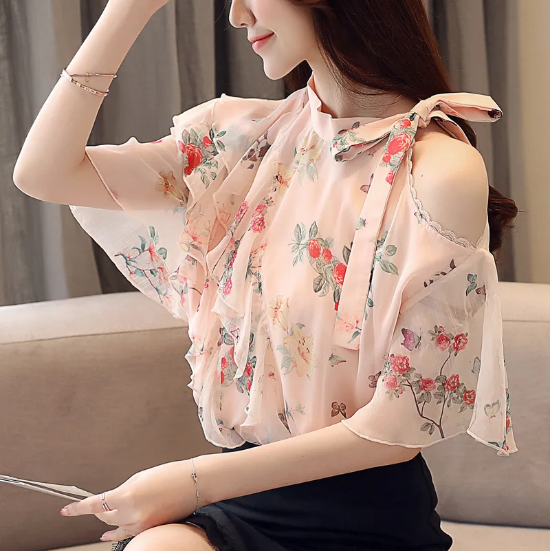 

2019 Summer New Arrival Short Sleeve Floral Chiffon Blouse Off Fairy Ruffles Blouse With Bow Free Shipping