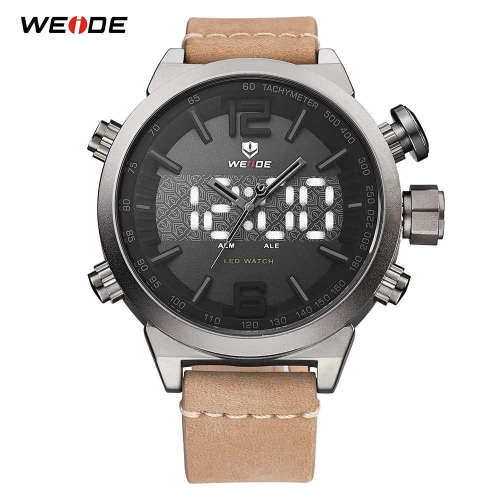 

WEIDE Men's Analog LED Digital Display Quartz Movement Leather Strap Clock numeral Wristwatches Waterproof Relogio Masculino