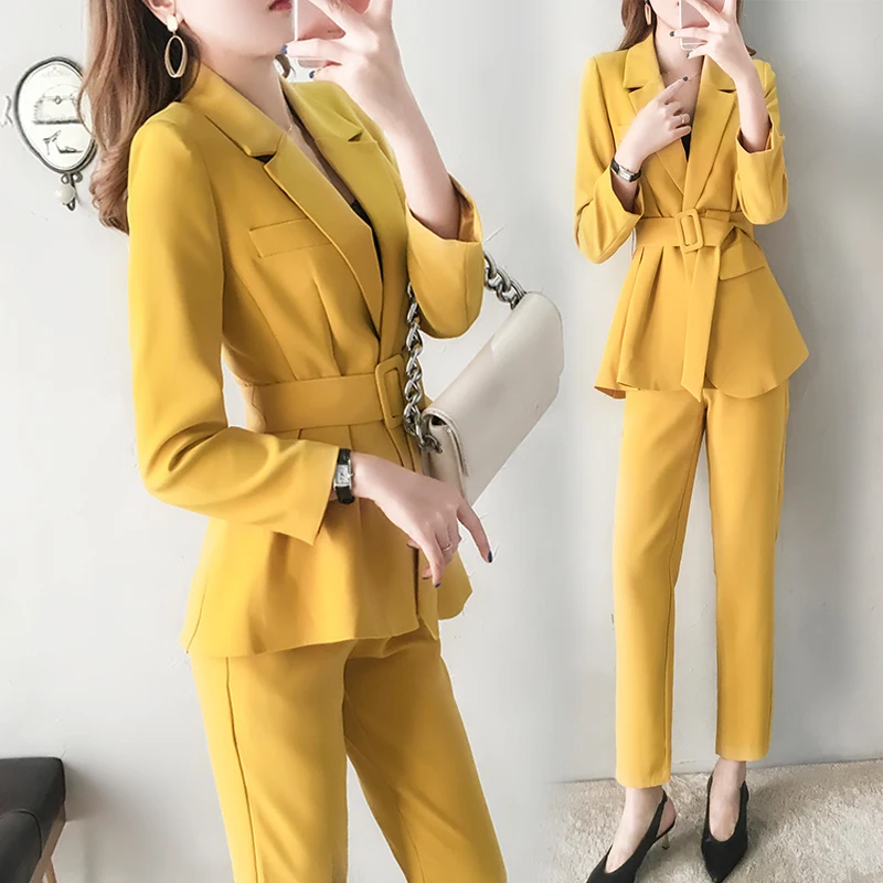 

New Autumn Women's Fashion Sets Turn-down Collar Open Stitch Irregular Jacket + Straight Pants OL Temperament Suit