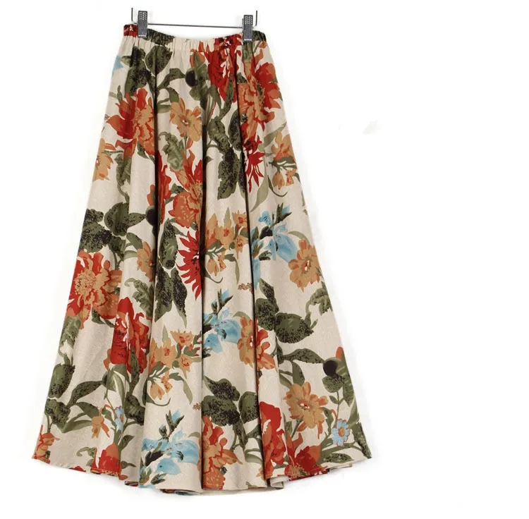 Летние повседневные длинные женские хлопковые льняные юбки с цветочным принтом SK009