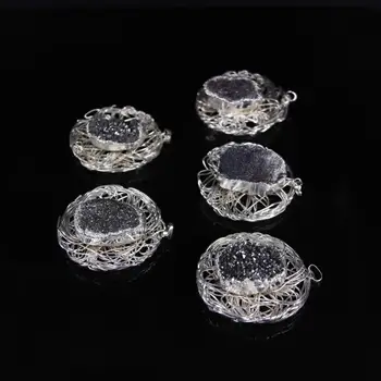 

5pcs,Silver Nest Wire Wrapped Black Coated Titanium Agates Geode Slice Pendant,Natural Quartz Bird nest Slab Nugget Pendant