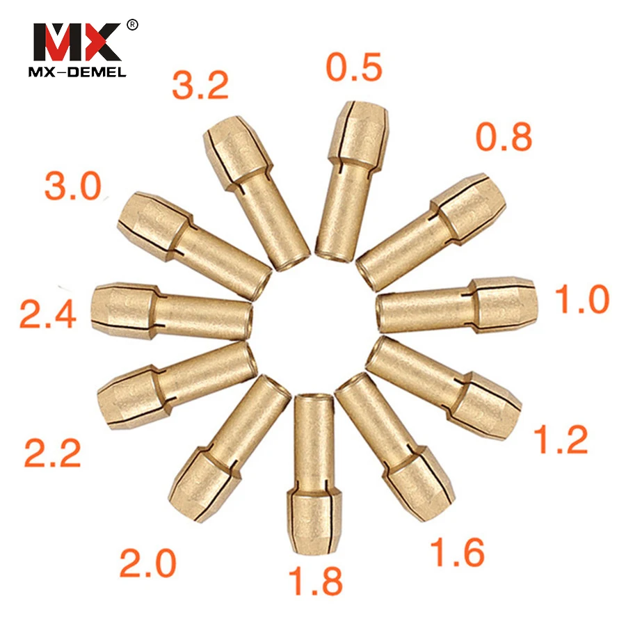 

11 Pieces Mini Drill Brass Collet Chuck for Dremel Rotary Tool 0.5/0.8/1.0/1.2/1.6/1.8/2.0/2.2/2.4/3.0/3.2mm Power Tool