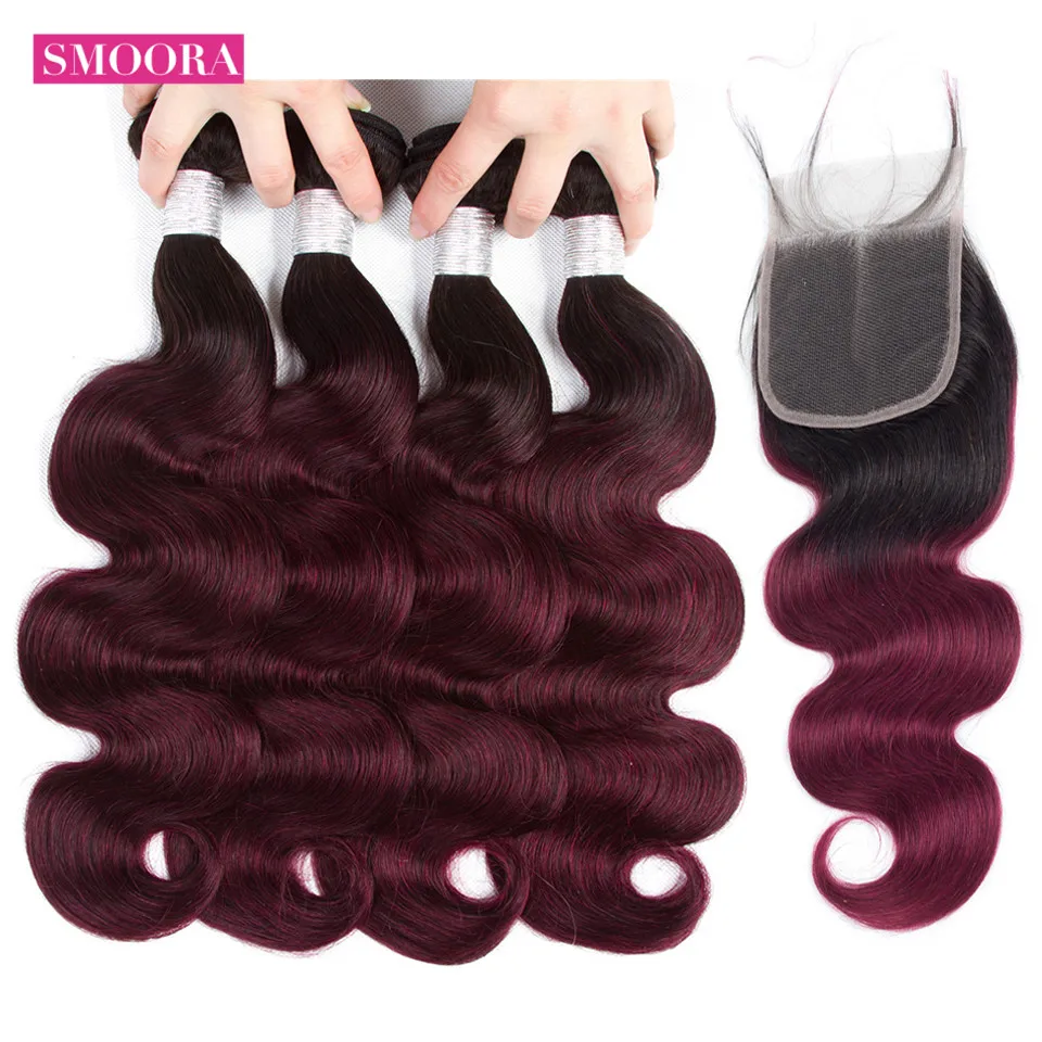 body wave 1b 99j ombre hair 4 bundle with closure middle part