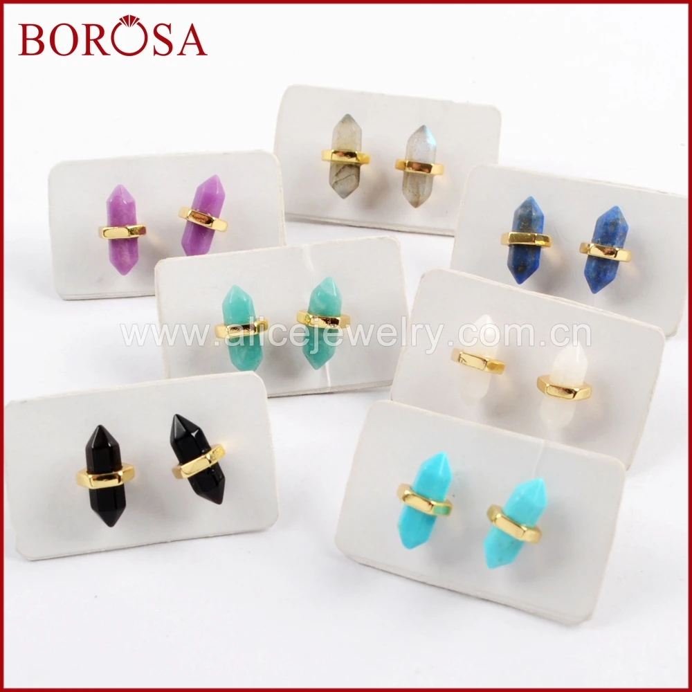 

BOROSA 5Pairs Gold Color Multi-kind Natural Stone Faceted Point Stud Earrings Agates Druzy lapis lazuli Earrings Jewelry ZG0348