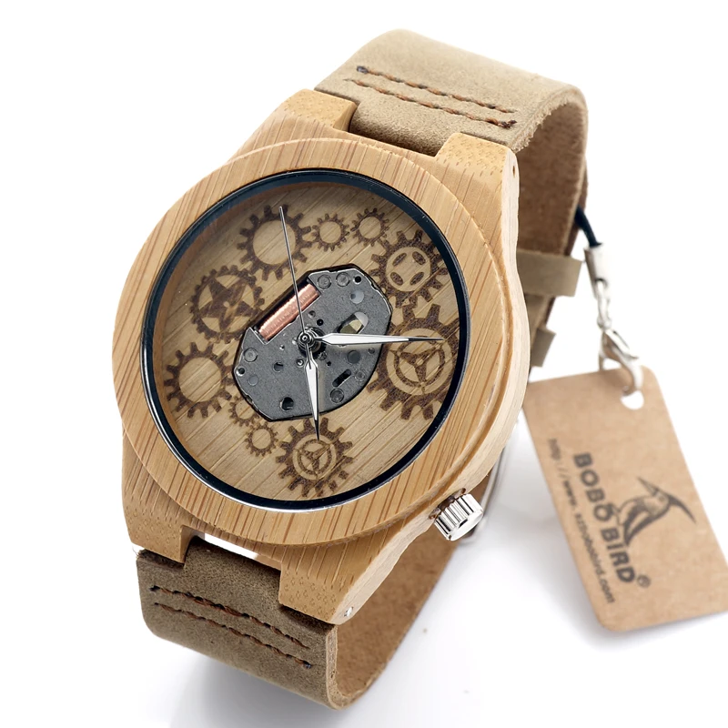 BOBO BIRD Men Bamboo Wood Watch Miyota Japanese 2035 Movement With Genuine Cow Leather Band Quartz Analog Watch