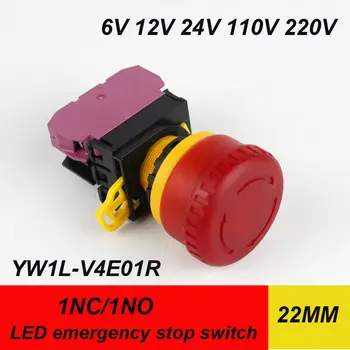 

10pcs/lot HQ22mm red mushroom head 1NC push button switches / emergency stop switch with lamp IDEC simliar 6V 12V 24V 110V 220V