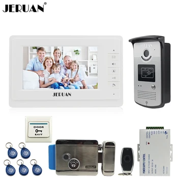 

JERUAN Home 7`` TFT color video door phone intercom system kit 700TVL RFID Access IR Night Vision Camera Electronic control lock