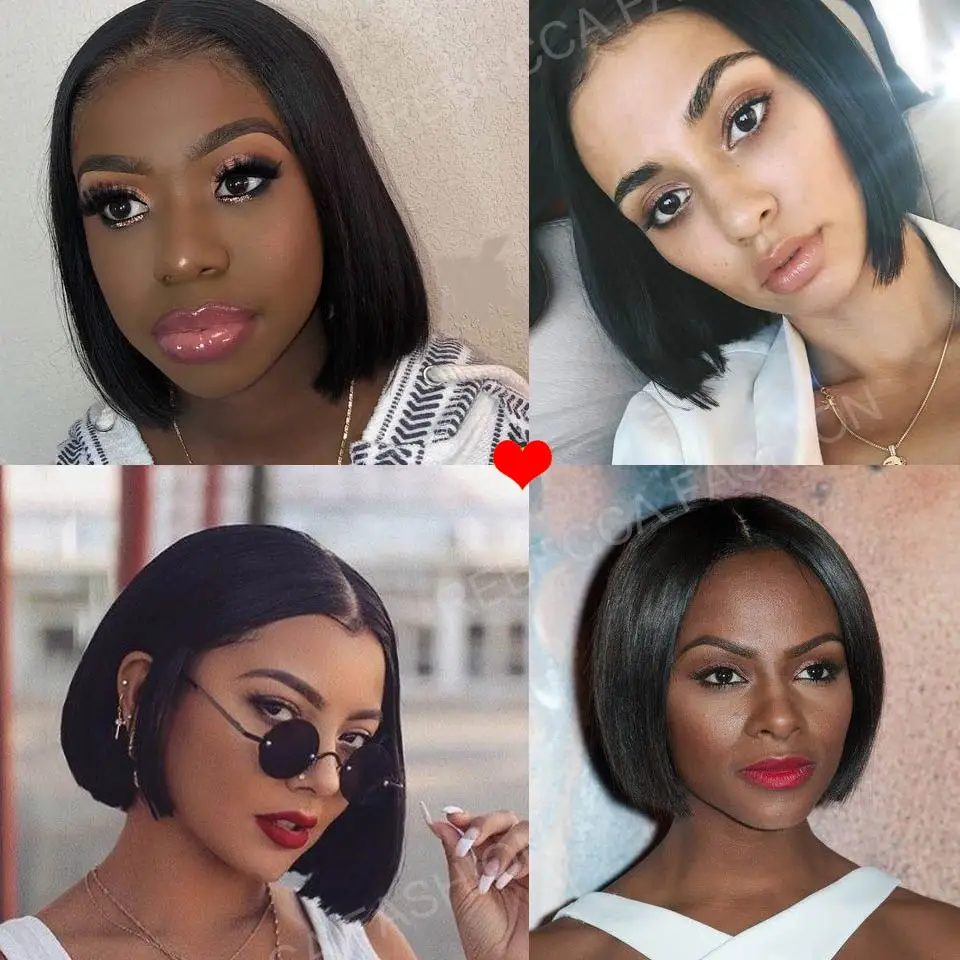 Rebecca 8 Inch Short Bob Human Hair Lace Wigs For Black Women Middle Part Peruvian Remy Straight Hair Lace Wig Natural Black