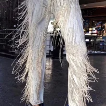 Весна-Осень, модные джинсы ручной работы с бусинами, бриллиантами и кисточками, женские прямые длинные джинсовые штаны до щиколотки