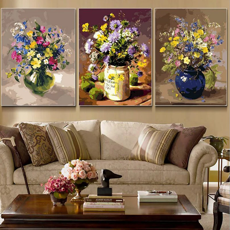 3 Teile satz Öl malerei kalligraphie durch zahlen leinwand pinsel abbildung zeichnung färbung durch nummer blumen decor malen nach zahlen Günstig