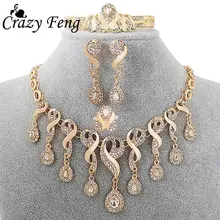 Винтажное Золотое ювелирное изделие для женщин, массивное ожерелье с кристаллами циркония+ браслет с подвесками+ серьги+ кольцо, свадебный ювелирный набор для невесты