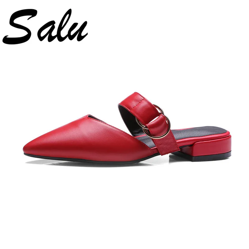 

Salu Women Sandals Red Genuine Leather Summer Slippers Comfort High Heeled Sandals Female Brand New Shoes Woman