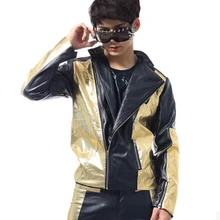 Черный Золотой Мужской сшивание моды tide модели бар певец танцор ночного клуба костюм мужская кожаная куртка костюм комплекты одежды