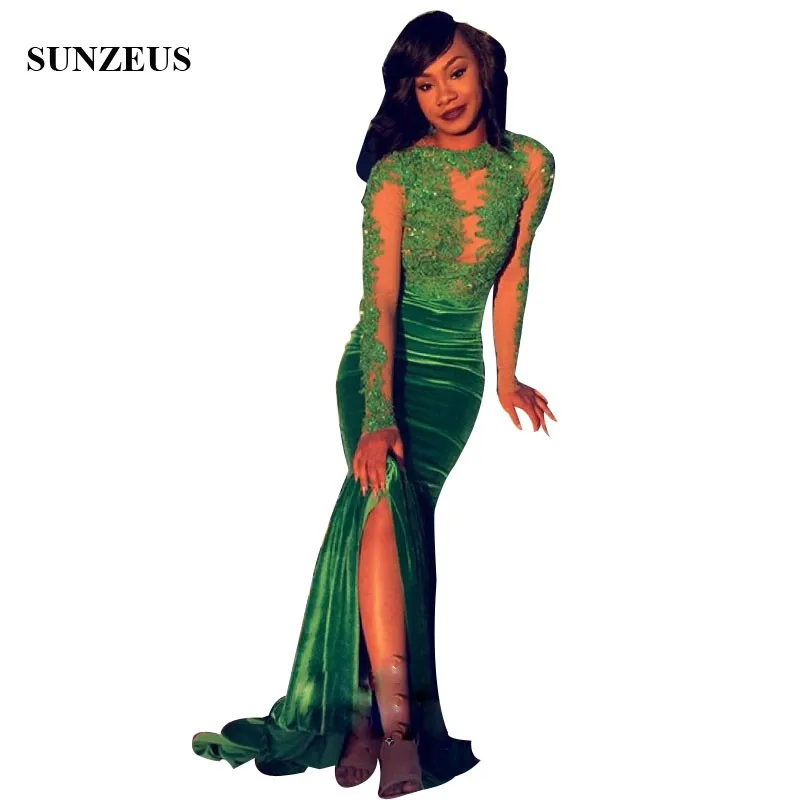 

Green Prom Dresses Mermaid Velvet Party Gowns Long Sleeves Appliques Illusion Top Black Women Dress robe bal de promo
