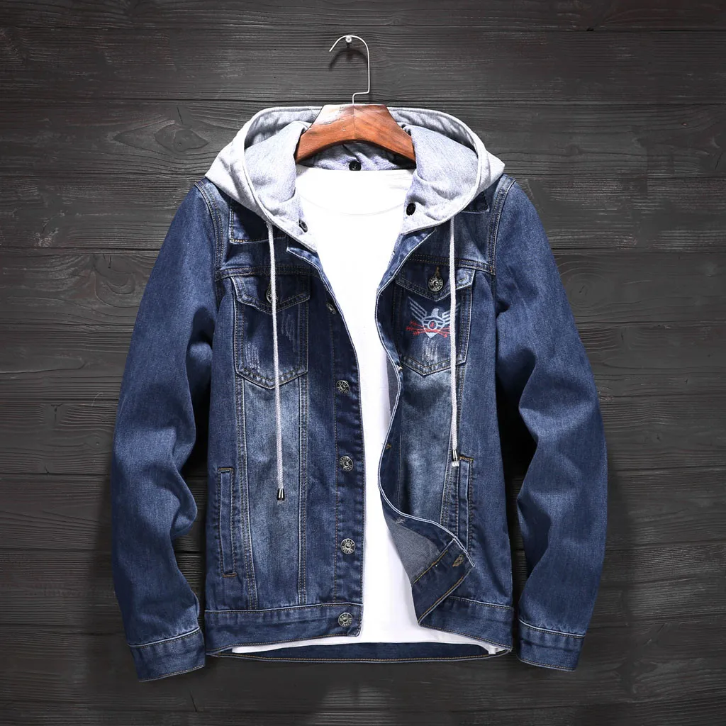 

Autumn Winter Jacket Mens Outwear Coat Sportswear Clothes Denim Pockets Zipper Jumper Long Sleeve Hooded Tops Blouse
