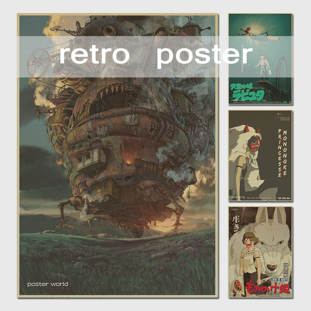 

Vintage Cartoon Anime Hayao Miyazaki Totoro Spirited Away Poster Cafe Kid Home Decor Retro Kraft Paper Wall Sticker