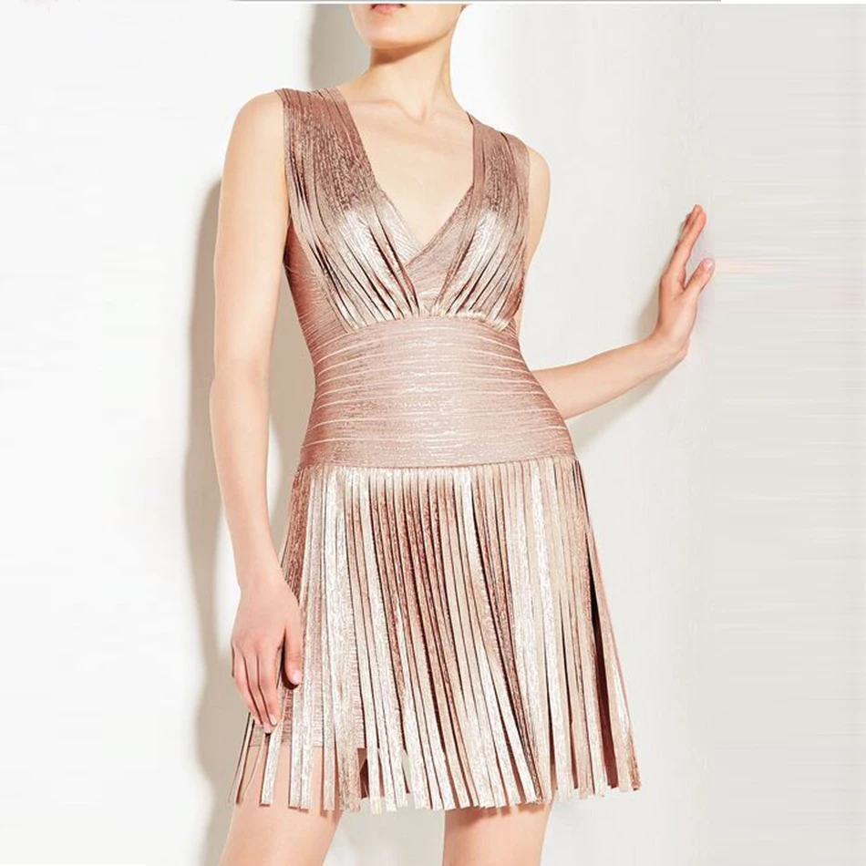 

2019 New summer elegant sexy dress, tasseled V-neck Mini dress high-end bandage dress night club