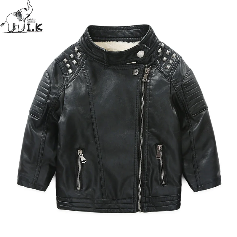 

I.K Toddler boys zipper plus velvet PU jacket Baby children fashion warm outwear kids windproof outfit WT24057 Winter Christmas