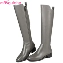 Masgulahe/осенне-зимние сапоги до колена; женские сапоги из эластичной ткани с квадратным носком и натуральной кожи; женские сапоги на среднем каблуке для выпускного вечера; Цвет Черный