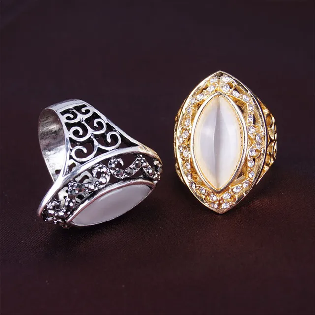 Hollow Cat’s Eye Stone Oval Opals Engagement Ring Gold Color Czech Rhinestones Band Rings For Women Wedding Matching Ring