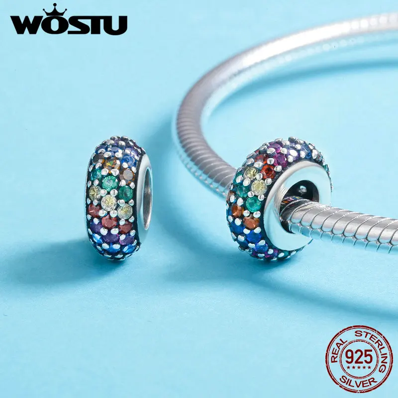 WOSTU Authentic 925 Sterling Silver Colorful Cubic Zircon Pave Rainbow Spacer Beads For Women Original Charm Bracelet DXC583
