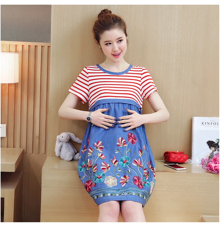 OkayMom Платье для кормящих мам Одежда для беременных Грудное вскармливание платья Корейская полоса вышивка Беременность Одежда для медсестер