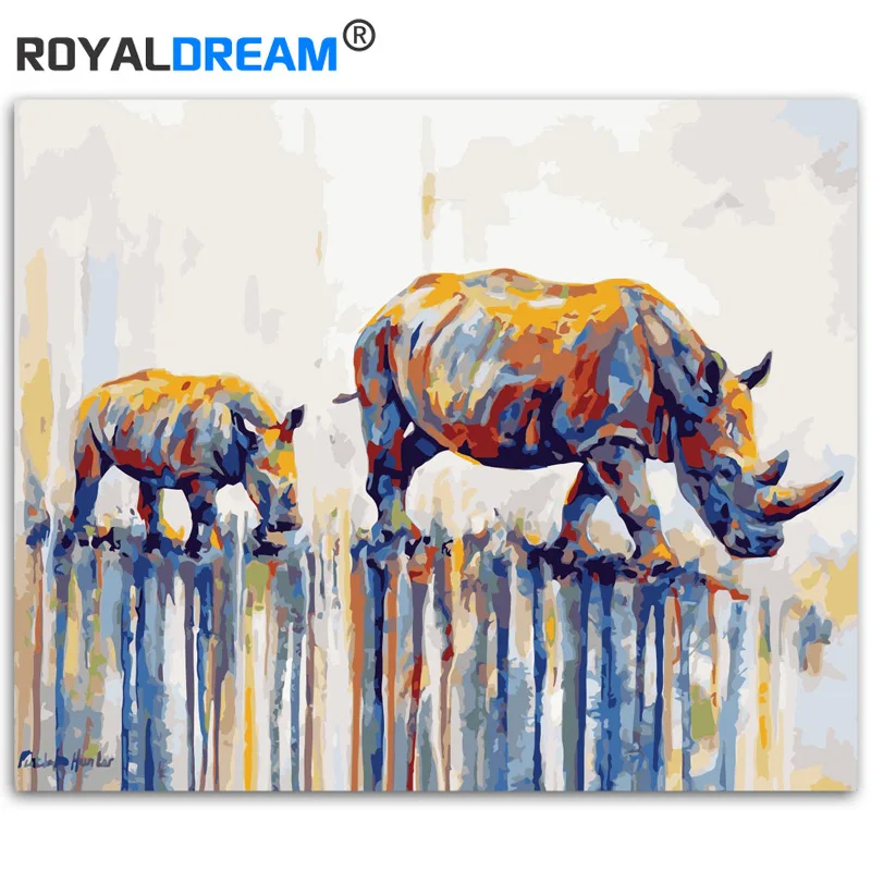 

ROYALDREAM Two Rhinos Animals DIY Painting By Numbers Canvas Painitng Home Wall Art Picture Coloring By Numbers For Home Decor