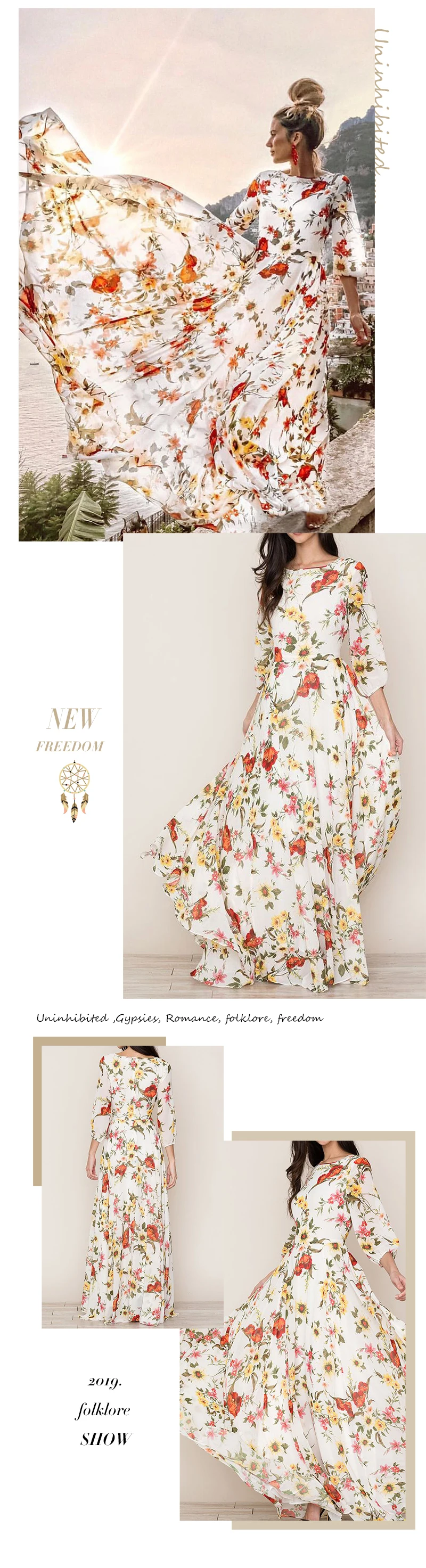 Miguofan Bohemian Maxi Dress Women White Floral Print Half Sleeve Loose Boho Dresses Casual Summer Dress Vestidos Female