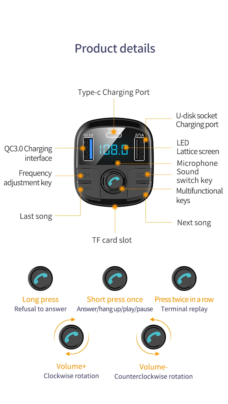 Автомобильный MP3 Bluetooth плеер, беспроводной Bluetooth fm-передатчик, USB интерфейс, быстрая зарядка 3,0, автомобильное зарядное устройство