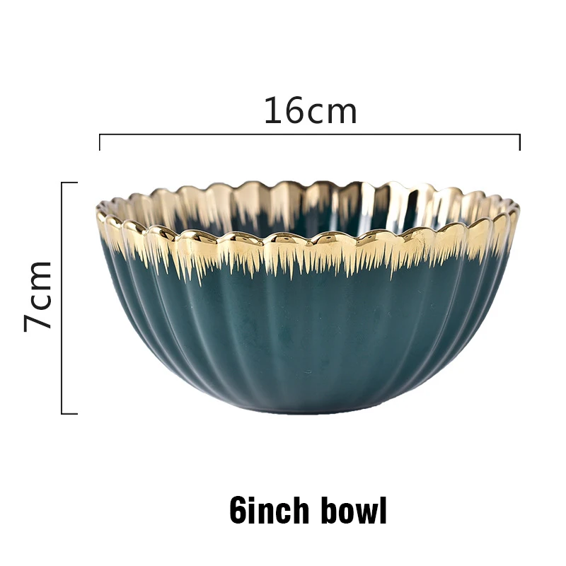 Набор керамической посуды, темно-зеленая тарелка, миска, ложка, набор, нерегулярные золотые края, набор, западный ресторан, блюдо, домашняя посуда - Цвет: 6 inch bowl