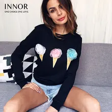 INNOR осень длинный рукав повседневные женские свободные футболки Мороженое Печатные Топы футболки одежда женские топы футболки хлопок смесь одежды