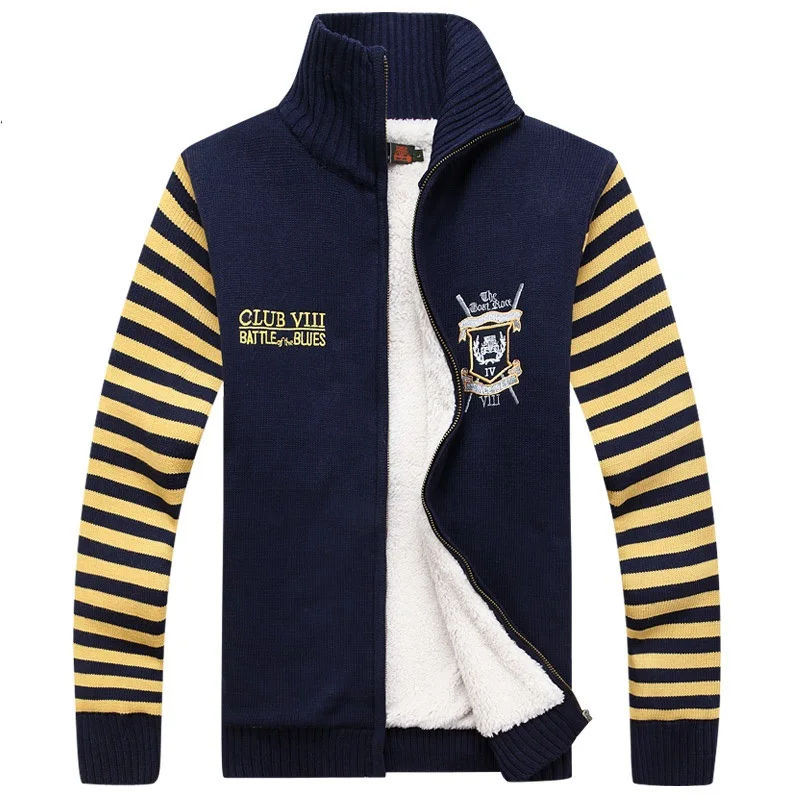 

Dropshipping Cardigan Men Warm Winter Sweater Men Casual Stand Collar Patchwork Fashion Striped Cardigan Velet Thick Outerwear