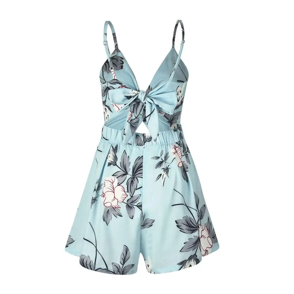 DANJEANER Women Fashion New Bow Backless Sexy Playsuits 2019 Casual Summer Sling V-neck Mini Rompers Women Print Loose Jumpsuit