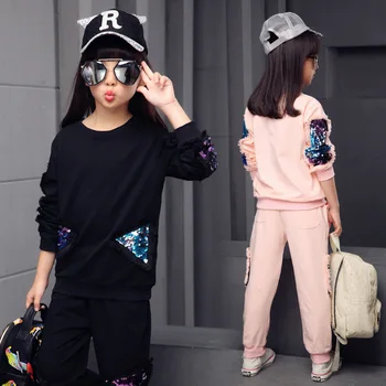 

School Girls Sport Suit Autumn Children Clothes Set Top & Pants Casual Long Sleeve Sequins Kid Outfit 4 5 6 7 8 9 10 11 12 Years