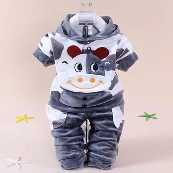 

New Warm Cute Baby Petty Girl Boy Clothes Winter Baby Girl Set Long Sleeved Cows Velvet Clothing Cartoon T-shirt+pants 2pcs Set