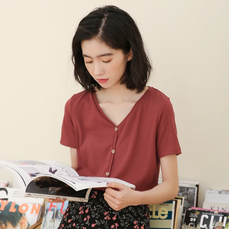 

Girl's New Summer V-Neck Casual Solid T-Shirts Fashion Vintage Women Shirts