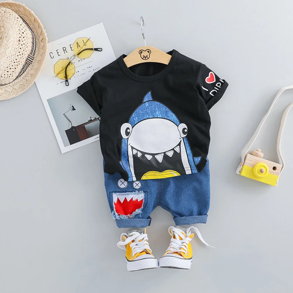 

Toddler Baby Kids Boys Cartoon Shark Tops Short Pants Casual Outfits Set kinder kleider newborn clothes baby clothing summer