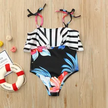 Детская летняя одежда; купальник для маленьких девочек; купальник в полоску с оборками и цветочным принтом; одинаковые комплекты для семьи; Модный Купальник; 15-20