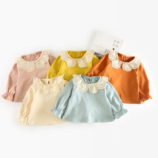 

Girls spring autumn t shirts kids peter pan collar long sleeve cotton t-shirt baby casual beige yellow pink blue brown color 1-4