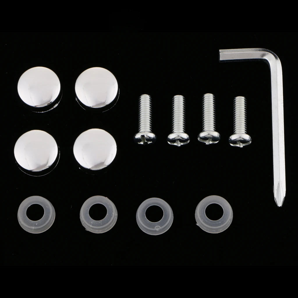 

Steel License Plate Frame Screws Fasteners + Smooth Screw Caps Set