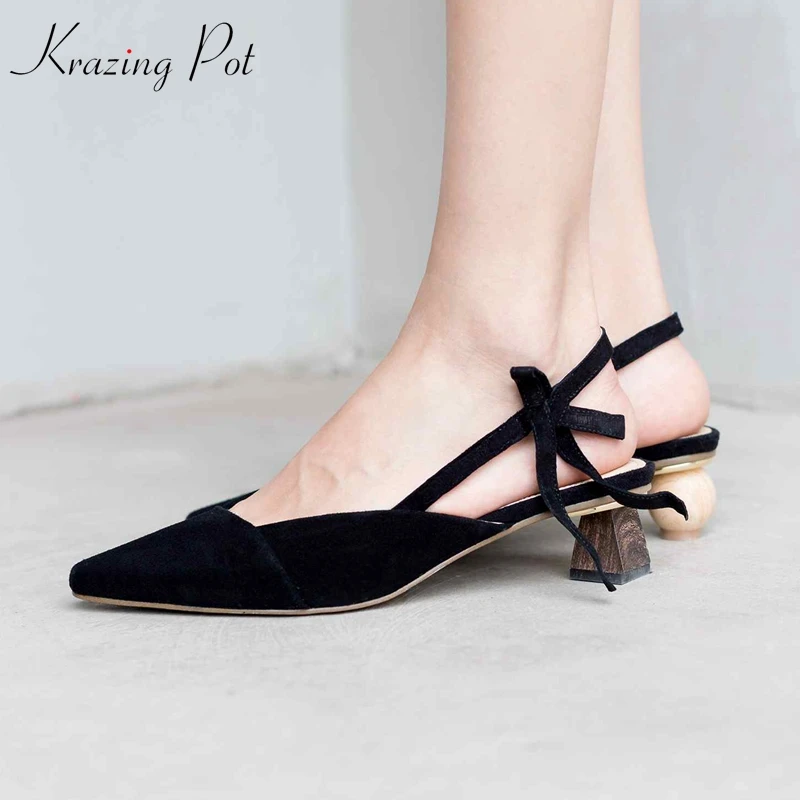 

Krazing pot kid suede gorgeous fashion women sandals women strange heels pointed toe summer elastic band creativity shoes L3f1