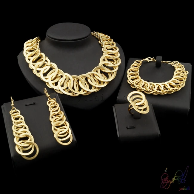 

Yulaili Free Shipping Fashion Round Design Pure Silver Gold Color Dubai Jewelry Set Anniversary Four Jewelry Sets