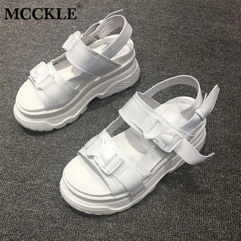 

MCCKLE Women Buckle Strap Sandals Peep Toe Flat Platform Solid Female Breath Elastic Band Soft Wedges Casual Shoes Ladies Summer