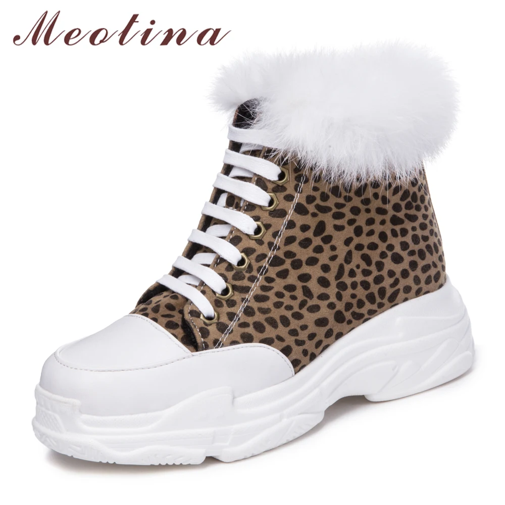

Meotina Ankle Boots Women Boots Fur Flat Platform Heel Short Boots Lace Up Polka Dot Female Shoes Winter Yellow Plus Size 3-12