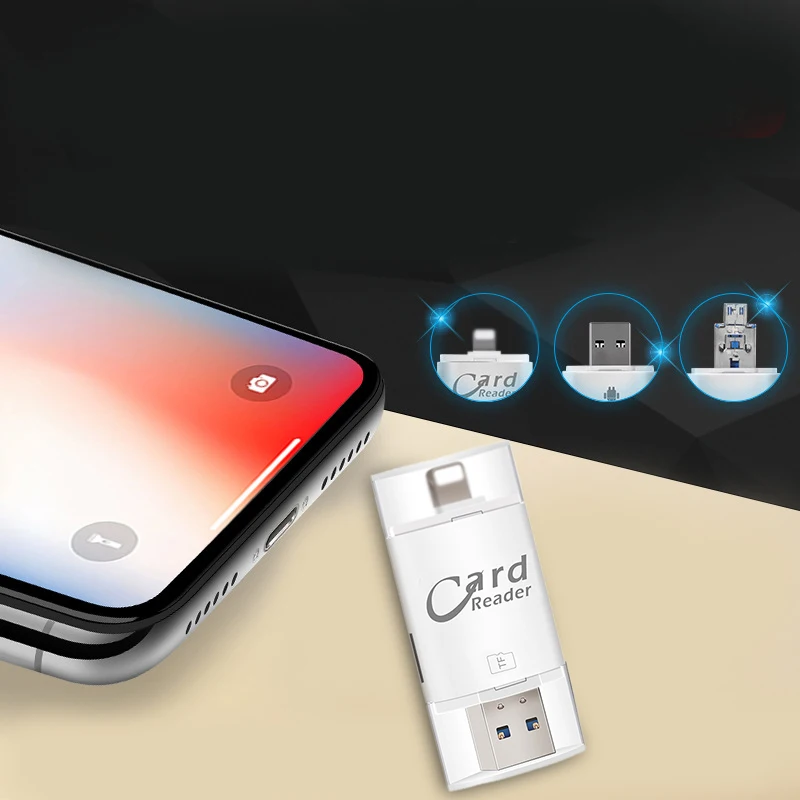 3 в 1 8Pin/Micro-USB/Usb 2,0 Устройство чтения карт памяти Sd Otg Micro-Sd/Sdxc/Sdhc Tf для Ios Iphone Android